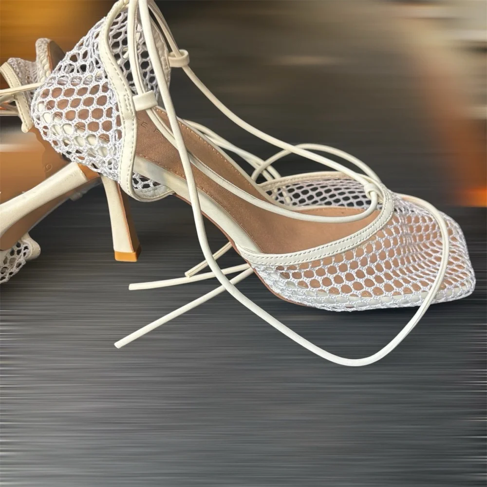 Women's White Mesh Lace-Up Heels White Fox - Picture 5 of 9